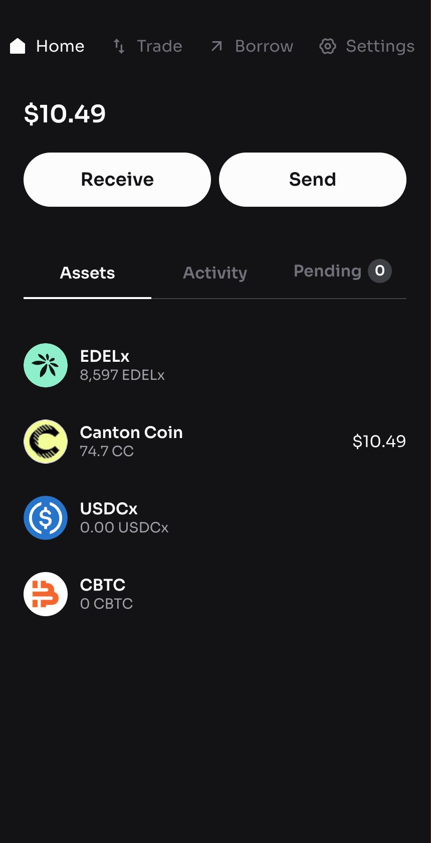 The supanova mobile app showing the same account: assets, activity and pending transfers