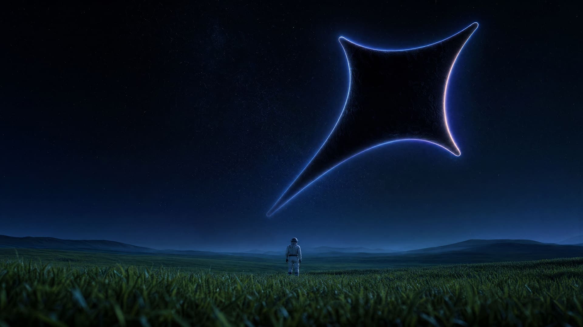 The supanova symbol rising over a quiet horizon, watched from an open field